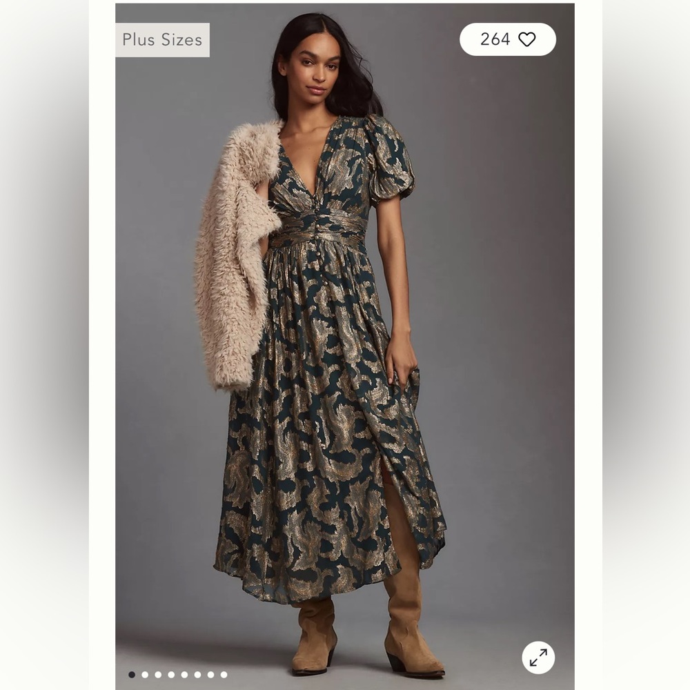 Anthropologie Katerina Green and Gold Floral Maxi Dress 16W